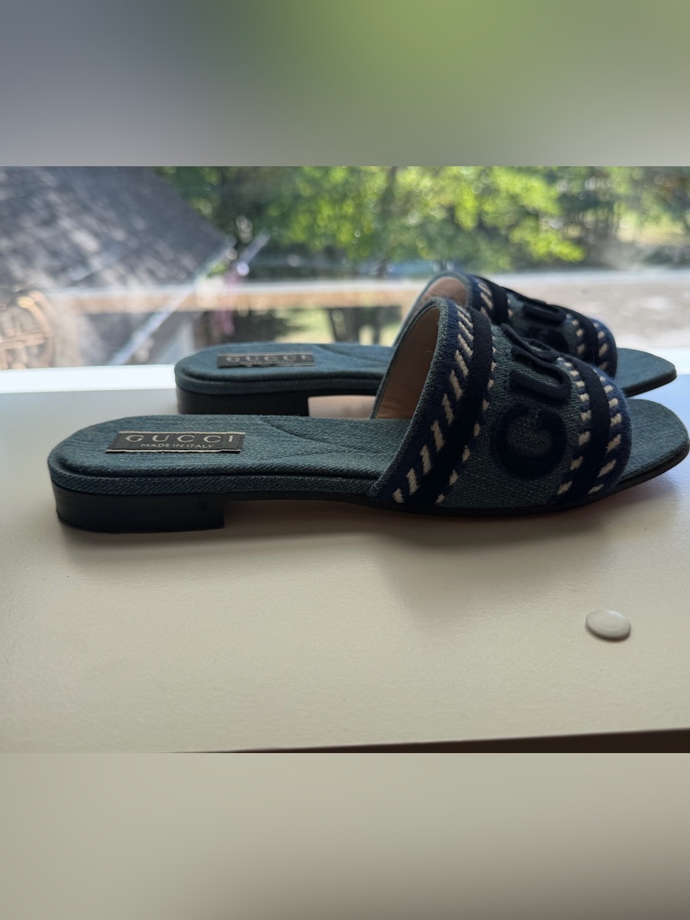 Gucci Blue Denim Logo Slide Mules